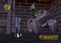 Chibi-Robo stands in front of Giga-Robo, but there are several differences between this picture and the final build of the game.